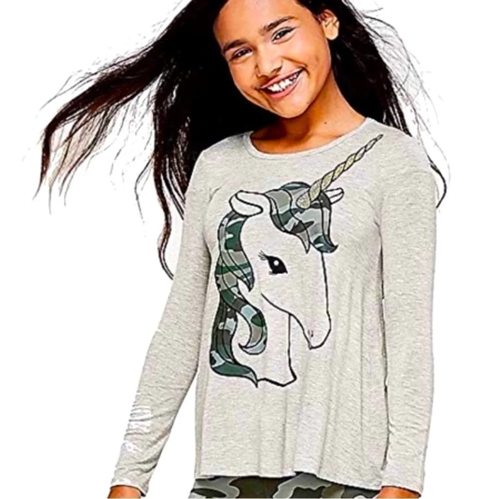 JUSTICE Camo Unicorn Long Sleeve Grey Graphic Tee